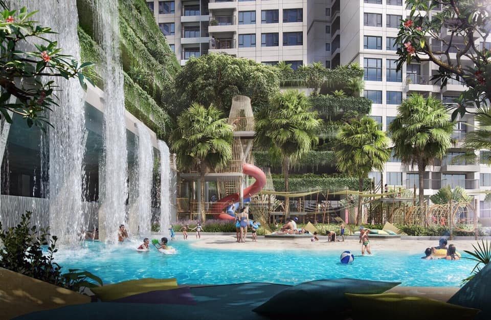 Cận cảnh thác nước nhiệt đới tại khu căn hộ The Infiniti Riviera Point quận 7 - DỰ án The Infiniti Keppel Land.